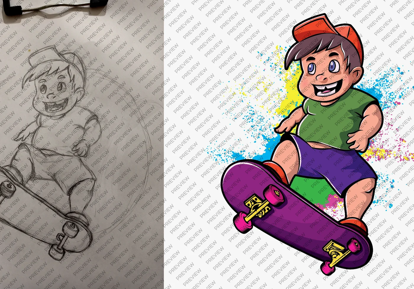 Skateboard character sketch-to-final process by Kamran Khan